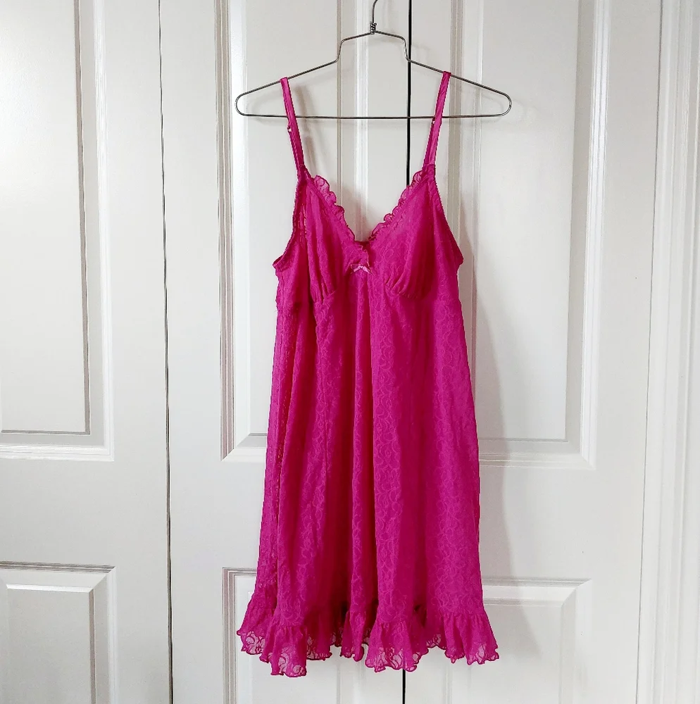 Dark Pink Lace‎ Babydoll Negligee size 14/16 Cacique Boudoir Nightgown Lingerie